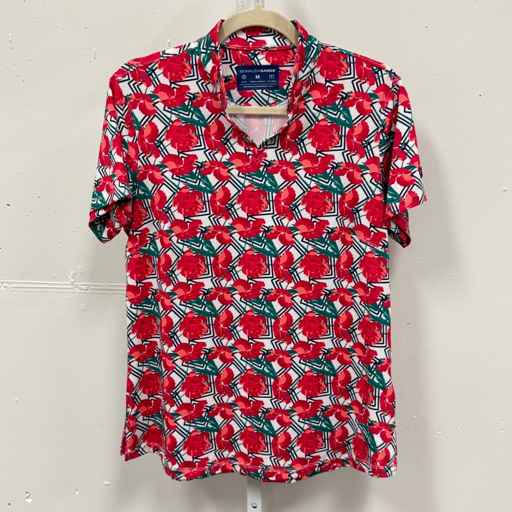 Bermuda Sands Women's Red Floral Performance Golf Polo Shirt UPF 50 Wick Away M